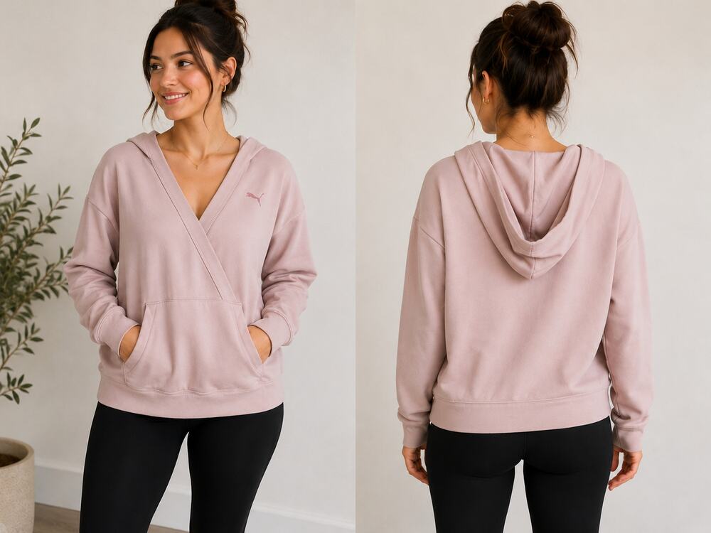 Puma Women’s Pink Wrap V-Neck Hoodie Pullover Size M